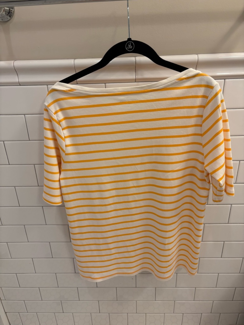 Lands’ End Supima Cotton Boat Neck Top Yellow Stripe Button Shoulder M - Picture 7 of 8